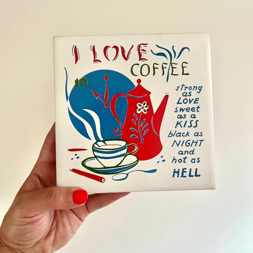 Vintage "I Love Coffee" White Tile Trivet - Midcentury Graphic - Designed Tiles